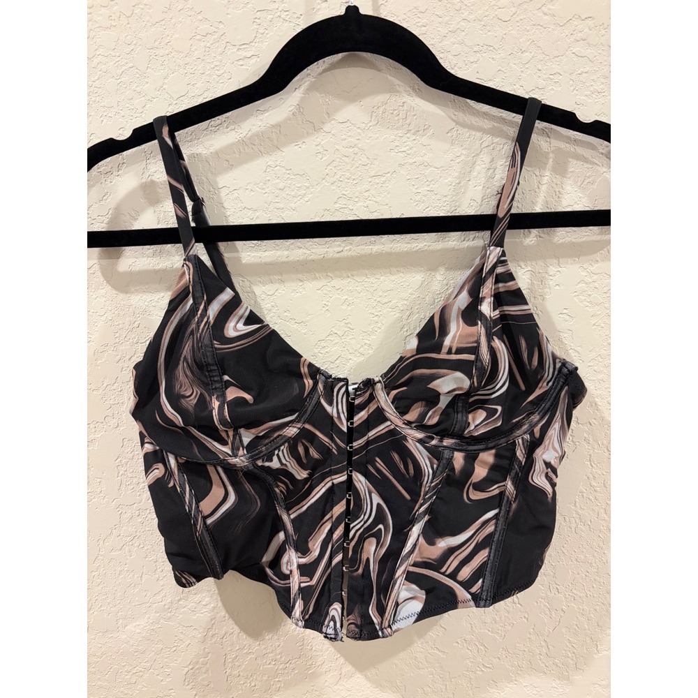 Tic Toc Marble Swirl Corset Crop Top Brown Black Hook Eye Closure Size L